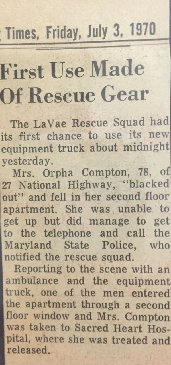 Newspaper clipping reporting the rescue squad’s first use of its rescue gear