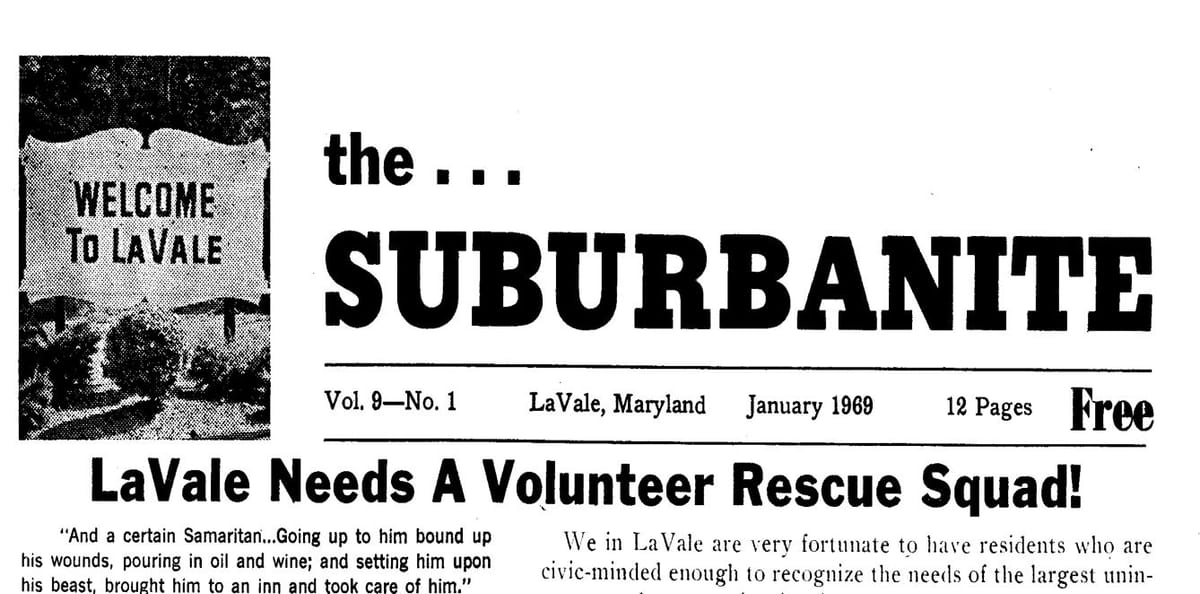Front page of The Suburbanite newspaper with the headline “LaVale Needs A Volunteer Rescue Squad!”